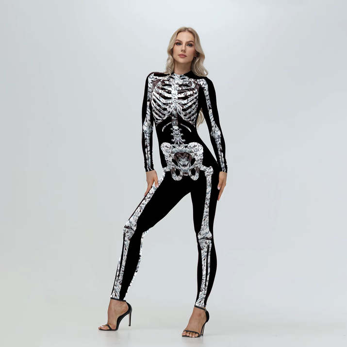 [You'Re My Secret] Cosplay Zombie Scary Skeleton Printed Bodysuit Halloween Party Costumewomen Zenti Jumpsuit Day of the Dead