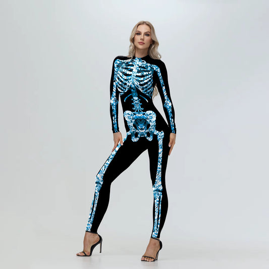 [You'Re My Secret] Cosplay Zombie Scary Skeleton Printed Bodysuit Halloween Party Costumewomen Zenti Jumpsuit Day of the Dead